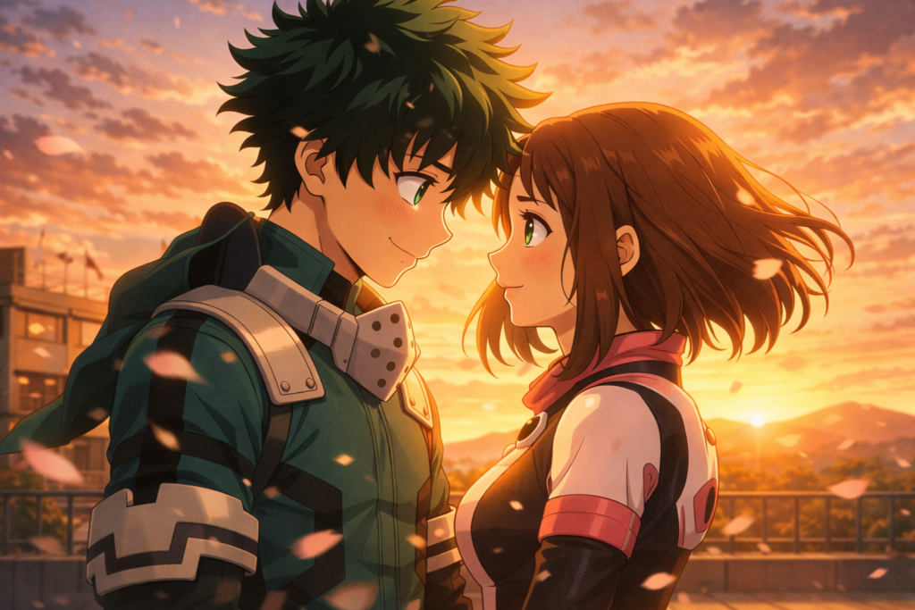 A heartfelt moment capturing the emotional connection between Deku and Uraraka, symbolizing closure and growth after the final battle.