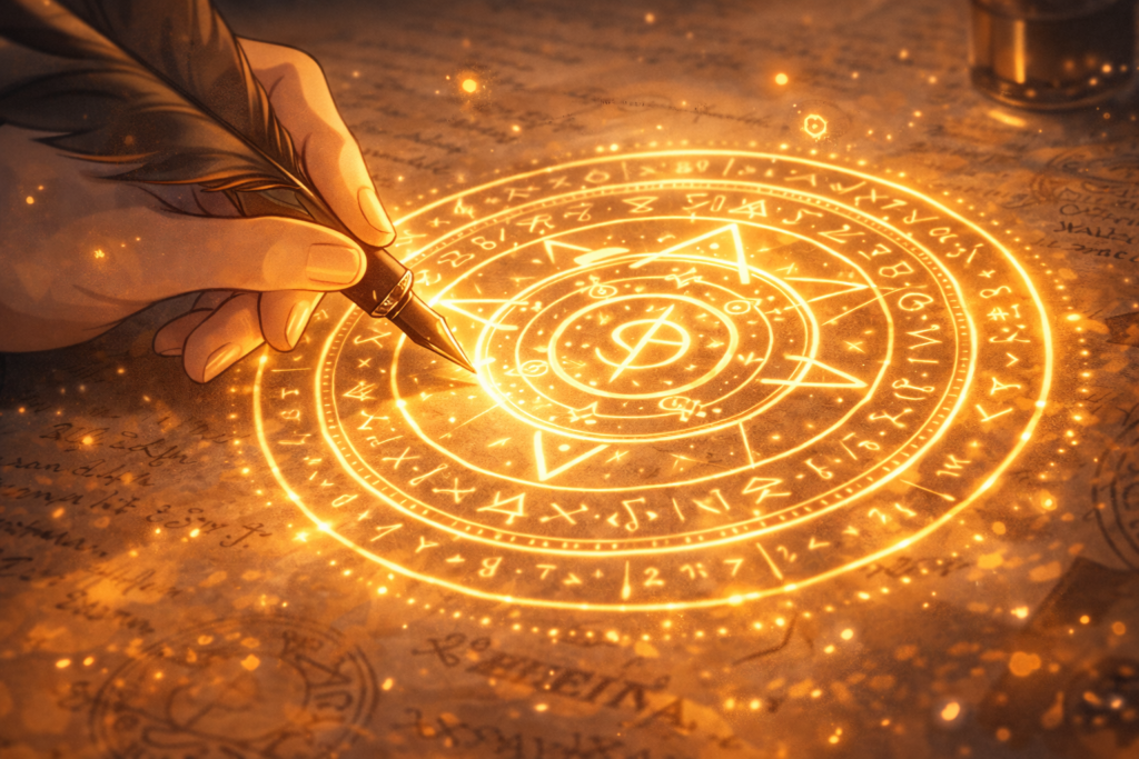 A visual representation of the unique magic system—where spells are created through knowledge and precise drawings.