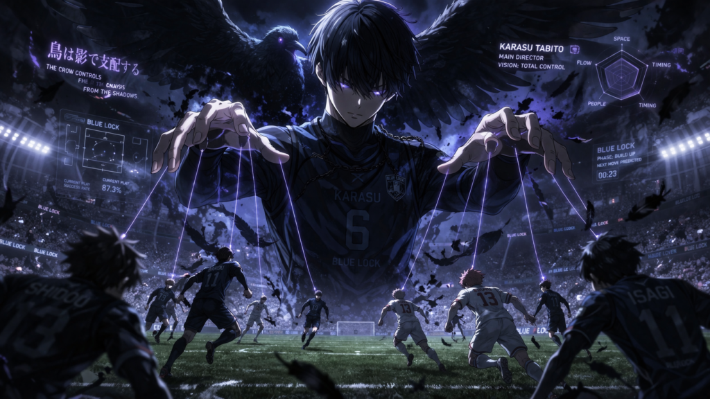 Shows Karasu as the silent strategist controlling the match from the shadows like a mastermind.