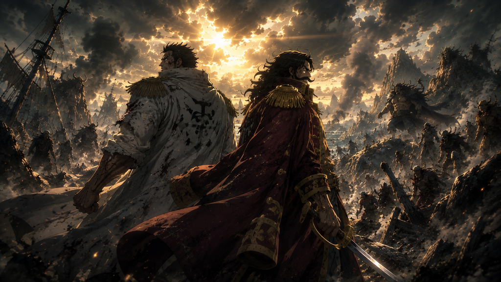 A heroic visual representing the unexpected alliance that became central to the God Valley legend.